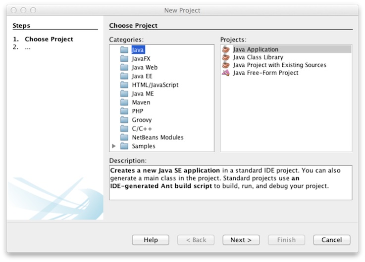 Netbeans create a new project screen 1.