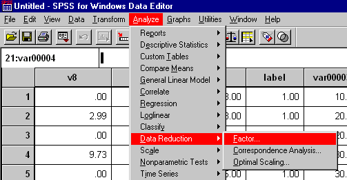 Screenshot of menu item: Analyze > Data Reduction  > Factor...