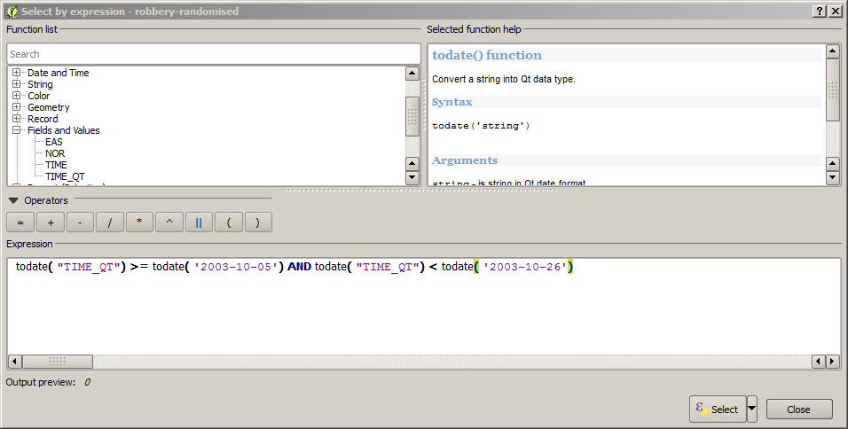 selecting using a date range