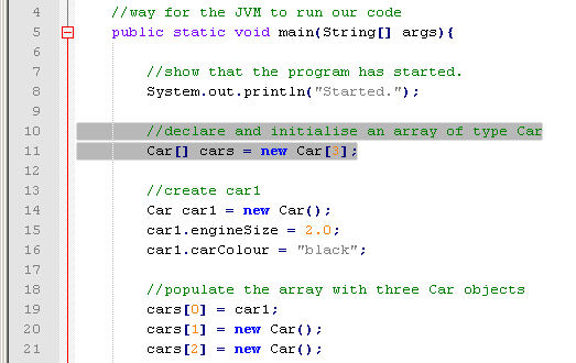 CarFactory with array declaration and initialisation on same line