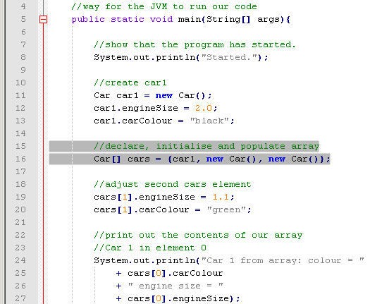 CarFactory with array declaration and population on same line